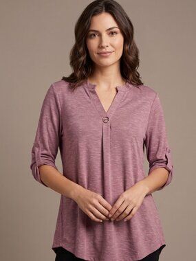 NWT | Casuashion Mauve Rose Melange Roll-Tab Sleeve Split Neck Blouse Medium
